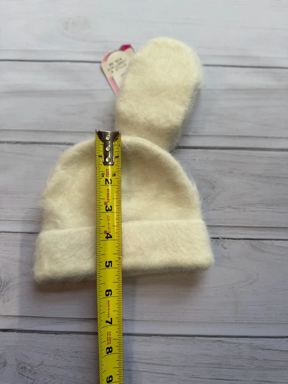 Vintage deadstock angora blend ivory cream infant cuffed hat & thumbless mittens